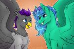  acry-artwork ambiguous_gender avian beak blue_eyes blue_hair duo equid equine eyewear fan_character feathers feral green_body green_feathers grey_body grey_feathers gryphon hair hasbro hi_res inner_ear_fluff mammal my_little_pony mythological_avian mythology open_mouth pegasus purple_hair smile sunglasses tuft wings 