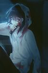  1boy 779762391_(lofter) ahoge androgynous arm_at_side bags_under_eyes black_hair black_pants blood blood_on_clothes blood_on_face blood_on_hands blue_eyes blue_sky chinese_commentary closed_mouth collarbone colored_skin commentary_request cowboy_shot creepypasta dark_background double-parted_bangs drawstring frown glasgow_smile hair_between_eyes hand_on_own_chin highres hood hood_up hoodie jeff_the_killer jitome long_sleeves male_focus medium_hair night outdoors pants puffy_long_sleeves puffy_sleeves rain sitting sky sleeves_past_wrists solo upturned_eyes v-neck v-shaped_eyebrows wavy_mouth white_hoodie white_skin 