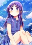  1girl blunt_ends blush dress field flower flower_field hand_on_own_knee hinata_yukari knees_up long_hair open_mouth purple_dress purple_eyes purple_hair short_sleeves sitting sky solo tatsunokosso yuyushiki 