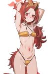  1girl armpits arms_behind_head arms_up bare_shoulders bikini blue_archive blush bow_(bhp) breasts cowboy_shot dragon_girl dragon_tail hairband halo highleg highres horns long_hair looking_at_viewer navel o-ring official_alternate_costume red_eyes red_hair red_halo renge_(blue_archive) renge_(swimsuit)_(blue_archive) simple_background single_horn small_breasts solo swimsuit tail white_background 