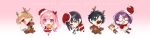 3boys 3girls animal_costume antlers black_hair blonde_hair box brown_hair capelet cat chibi chibi_only christmas commentary cosplay covered_eyes dress fake_antlers fake_facial_hair fake_mustache fang fur-trimmed_capelet fur-trimmed_dress fur-trimmed_headwear fur_trim gift gift_box glasses gouda_(tonari_no_neko_to_koi_shirazu) green_eyes hat highres holding holding_sack horns kiyomiya_(tonari_no_neko_to_koi_shirazu) leash long_hair medium_hair merry_christmas multiple_boys multiple_girls nekozane_mugi pink_hair purple_hair red_capelet red_nose reindeer_antlers reindeer_costume rudolph_the_red_nosed_reindeer rudolph_the_red_nosed_reindeer_(cosplay) sack santa_costume santa_dress santa_hat seno_minato short_hair side_ponytail swept_bangs takada_(tonari_no_neko_to_koi_shirazu) tonari_no_neko_to_koi_shirazu translated uninu usagihara_momoka yellow_eyes 