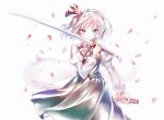  1girl black_hairband blue_eyes closed_mouth collared_shirt commentary cowboy_shot dual_wielding falling_petals green_skirt green_vest hairband highres holding holding_sword holding_weapon juliet_sleeves katana konpaku_youmu konpaku_youmu_(ghost) long_sleeves looking_at_viewer petals puffy_sleeves rhea_(156latte) shirt short_hair simple_background skirt solo sword touhou vest wakizashi weapon white_background white_hair white_shirt 