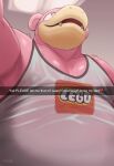 absurd_res anthro black_eyes blank_stare bodily_fluids clothing emoji english_text fangs generation_1_pokemon gym hi_res lego logo logo_on_clothing logo_on_shirt low-angle_view male moobs nintendo nipple_outline open_mouth overweight overweight_anthro overweight_male pokemon pokemon_(species) pokemorph selfie shirt slowpoke solo sweat sweaty_clothing tank_top teeth text thelousy topwear translucent translucent_clothing