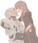  1girl after_kiss armor black_armor black_coat black_gloves blush chain coat collar english_commentary full_armor gloves grey_armor grey_hair holding holding_chain honkai:_star_rail honkai_(series) korshokor long_hair long_sleeves mecha no_eyes open_mouth pocket_watch power_armor red_collar robot saliva saliva_trail sam_(honkai:_star_rail) sidelocks simple_background stelle_(honkai:_star_rail) tongue tongue_out trailblazer_(honkai:_star_rail) two-tone_armor watch white_background 