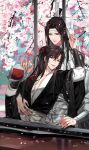  2boys absurdres black_hair black_hanfu blurry branch cherry_blossoms chinese_clothes closed_mouth couple day falling_petals flower gearous grey_eyes guqin hair_ornament hair_ribbon hand_up hanfu headband high_ponytail highres holding holding_jug holding_ribbon hug hug_from_behind indoors instrument jug_(bottle) lan_wangji long_hair long_sleeves looking_at_another looking_at_viewer male_focus modao_zushi multiple_boys music non-web_source official_art parted_bangs parted_lips pectoral_cleavage pectorals petals pink_flower playing_instrument ponytail red_ribbon ribbon robe sidelocks sitting sitting_on_lap sitting_on_person sky smile table tassel tassel_hair_ornament topknot tree upper_body wei_wuxian white_hanfu white_headband wide_sleeves window xiao_guan_(headdress) yaoi yellow_eyes 