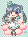  1girl akihara_ryou apron artist_name black_hair black_ribbon chibi cushion dated dress food frilled_dress frilled_sleeves frills hair_ornament hat highres iris_mysteria! mint_chocolate naja_(iris_mysteria!) parfait purple_eyes ribbon sweets thighhighs twintails 