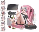  1girl absurdres ass barefoot black_horns black_nails black_shirt black_skirt blush cake cake_slice can chips_(food) collarbone colored_inner_hair commentary computer_keyboard double_bun english_commentary feet flat_chest food fork full_body grey_hair hair_bun hair_intakes headphones highres horns indie_virtual_youtuber leg_warmers legs long_hair mai_rubee miniskirt monitor multicolored_hair multiple_expressions nail_polish on_chair open_mouth pleated_skirt pocky potato_chips red_eyes red_hair refla shirt single_bare_shoulder sitting skirt soles spread_legs streaked_hair t-shirt thighs toenails toes tongue tongue_out unworn_headphones very_long_hair virtual_youtuber white_leg_warmers 