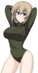  1girl absurdres adapted_costume aikir_(jml5160) arms_behind_head arms_up bangs blonde_hair blue_eyes blush bob_cut breasts closed_mouth commentary cowboy_shot eyebrows_visible_through_hair frown girls_und_panzer green_leotard highres katyusha_(girls_und_panzer) large_breasts leotard long_sleeves looking_at_viewer military military_uniform older pravda_military_uniform short_hair simple_background solo standing uniform white_background 