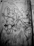 absurd_res anonymous_artist anthro bandai_namco digimon digimon_(species) eeveelution female female/female feral gatomon generation_4_pokemon glaceon group hi_res lopunny monochrome nintendo pokemon pokemon_(species) renamon traditional_media_(artwork)