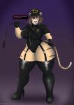 anthro big_butt boots brown_hair butt clothed clothing curvy_figure dialogue dominatrix english_text felid feline female footwear gloves good_boy hair handwear hat headgear headwear hi_res holding_object in_heat_(game) legwear mammal pantherine photolol.03 pink_eyes sammy_(in_heat) shoes simple_background solo text thick_thighs tiger tight_clothing whip wide_hips