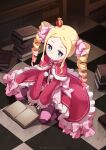 1girl absurdres beatrice_(re:zero) blonde_hair blue_eyes book book_stack bookshelf bow capelet closed_mouth commentary_request crown dot_nose dress drill_hair forehead frilled_dress frills fur_trim highres indoors kizuna_sora library long_hair long_sleeves looking_at_viewer mini_crown pink_bow pink_capelet pink_dress pink_ribbon pom_pom_(clothes) re:zero_kara_hajimeru_isekai_seikatsu ribbon sidelocks sitting symbol-shaped_pupils tile_floor tiles twin_drills wariza 