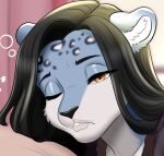 anthro blue_body eyes_closed felid female hair half-closed_eyes iamzavix icon long_hair mammal morning narrowed_eyes pantherine snow_leopard solo