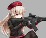  ak-74m ak74m_(girls&#039;_frontline) akatsuki_akane assault_rifle beret blonde_hair boots camouflage_gloves ear_protection eotech finger_on_trigger girls&#039;_frontline gloves gun hair_ornament hat kalashnikov_rifle kneeling long_hair one_knee optical_sight pantyhose purple_eyes red_headwear red_star rifle russian_flag snowflake_hair_ornament tactical_clothes weapon 