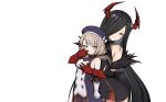  2girls azur_lane bare_shoulders beret black_dress black_hair blue_dress blue_hat bodysuit bodysuit_under_clothes bow breasts brown_bodysuit brown_hair brown_sleeves closed_mouth collarbone covered_collarbone detached_sleeves dress friedrich_der_grosse_(azur_lane) gloves grey_gloves hair_bow hair_over_one_eye half-closed_eyes hat hat_bow highres horns large_breasts long_sleeves medium_breasts multiple_girls parted_lips purple_eyes rock_zinc simple_background sleeveless sleeveless_dress smile striped_bow white_background white_bow yellow_eyes z23_(azur_lane) 