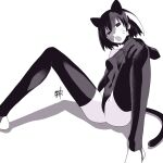  1girl :o animal_ears artist_name ass bare_shoulders barefoot black_eyes black_gloves black_hair black_leotard black_thighhighs bob_cut breasts cat_ears cat_girl cat_tail commentary covered_navel drawn_whiskers empty_eyes fang gloves greyscale groin hair_between_eyes hand_on_own_knee highleg highleg_leotard highres kemonomimi_mode kikumaru_bunta leotard looking_at_viewer monochrome monogatari_(series) narrowed_eyes open_mouth oshino_ougi shadow short_hair signature simple_background skin_fang sleeveless_turtleneck_leotard small_breasts solo spread_legs stirrup_legwear tail thighhighs toeless_legwear translated turtleneck white_background wide_spread_legs 