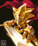  1boy armor artist_logo artist_name black_background cape excalibur_(sonic) excalibur_sonic full_armor furry furry_male gold_armor highres logo male_focus maskoo185826 red_cape solo sonic_(series) sonic_and_the_black_knight sonic_the_hedgehog 