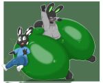 2023 absurd_res anthro big_bulge big_butt big_tail black_body black_ears black_eyewear black_glasses bloocherrypie blue_bottomwear blue_clothing blue_jeans blue_pants blue_shirt blue_topwear blush border bottomwear bulge butt butt_bump clothing colored denim denim_bottomwear denim_clothing digital_media_(artwork) duo eyes_closed eyewear glasses green_background green_bottomwear green_clothing green_eyes green_inner_ear green_leggings green_legwear green_nose green_pants grey_body grey_clothing grey_ears grey_hoodie grey_tail grey_topwear hi_res hoodie huge_butt huge_thighs hyper hyper_butt hyper_thighs jeans lagomorph leggings legwear leporid male mammal open_mouth open_smile outline pants pink_mouth pink_tongue rabbit raised_arm reathe_(character) scut_tail shaded shirt short_tail simple_background smile spot_(bray64) spots tail teeth thick_thighs tight_clothing tongue topwear white_border white_inner_ear white_nose white_outline