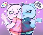 &gt;:&lt; &gt;:d 2025 4chan anthro bald biped blue_body blue_fur blue_tail blush blush_lines bottomless cheek_to_cheek clothed clothed_anthro clothed_female clothing cute_fangs digital_media_(artwork) domestic_cat duo empty_eyes english_text eyebrows face_squish fangs featureless_hands felid feline felis female female/female fur heart_symbol hi_res insult ligma_(artist) mammal moot mouth_closed narrowed_eyes noseless open_mouth open_smile purple_background rainbow_text shaded shirt shirt_only simple_background smile soft_shading speech_bubble squish standing stylized_empty_eyes tail talking_to_another teeth text text_on_clothing text_on_shirt text_on_topwear topwear topwear_only white_body white_fur white_tail