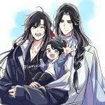  3boys ;d aged_down ahoge alternate_costume alternate_hairstyle alternate_universe bishounen black_hair black_jacket black_shirt blue_coat blue_eyes blue_jacket blush braid braided_ponytail carrying carrying_person child child_carry closed_mouth coat coat_on_shoulders collarbone collared_shirt contemporary family hair_down hair_ribbon half_updo hand_up highres hood hood_down hoodie jacket lan_sizhui lan_wangji long_hair long_sleeves looking_at_another looking_at_viewer male_focus modao_zushi multiple_boys one_eye_closed open_clothes open_jacket open_mouth ponytail purple_eyes red_ribbon ribbon semiusa1010 shirt single_braid smile turtleneck twitter_username upper_body waving wei_wuxian wei_wuxian_(yiling_laozu) white_hoodie white_shirt yaoi yellow_eyes 