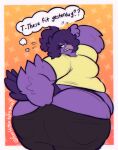 anthro avian beak belly big_belly big_butt black_bottomwear black_clothing black_pants bottomwear breasts butt clothing clothing_pull feathers female hair hi_res huge_butt icebitez jinx_(jinx_birdy) orange_background overweight overweight_female pants purple_body purple_hair rear_view shirt simple_background solo struggling tail tail_feathers thought_bubble topwear undersized_clothing yellow_clothing yellow_shirt yellow_topwear
