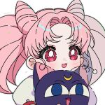  1girl :d artist_name bishoujo_senshi_sailor_moon blush cat chibi_usa commentary diana_(sailor_moon) grey_outline highres long_hair open_mouth outline parted_bangs pink_eyes pink_hair portrait shirt short_sleeves simple_background smile symbol-only_commentary white_background white_shirt yalmyu 