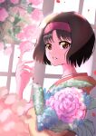  absurdres backlighting bangs black_hair bouquet commentary_request erika_(pokemon) falling_petals flower from_side hairband highres holding holding_bouquet indoors japanese_clothes kimono looking_at_viewer noppe parted_bangs petals pokemon pokemon_(game) pokemon_frlg short_hair window yellow_eyes 