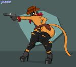 anthro belt big_butt bloons_tower_defense bracelet butt clothed clothing cowboy_hat desperado_(bloons) footwear fur gun haplorhine hat headgear headwear hi_res high_heels holding_gun holding_object holding_ranged_weapon holding_weapon holster jewelry kerchief male mammal monkey ninja_kiwi orange_body orange_fur primate ranged_weapon shoes solo tail thetyrant thong topless topless_male underwear weapon
