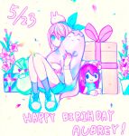  1girl animal animal_on_head ankle_socks aubrey_(faraway)_(omori) aubrey_(headspace)_(omori) aubrey_(omori) blue_eyes blue_hairband bow_hairband character_doll character_name closed_mouth commentary confetti dated doll english_commentary flower flower_pot forest_bunny_(omori) full_body gift gladiolus green_bag grey_socks hairband happy_birthday highres holding holding_stuffed_toy knees_together_feet_apart knees_up long_hair long_sleeves looking_at_viewer mr._plantegg_(omori) omori on_head pink_flower pink_hair saturated shirt shoelaces shoes simple_background sitting socks solo stuffed_eggplant stuffed_toy timaki very_long_hair white_background white_rabbit_(animal) white_shirt white_shoes 