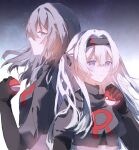  2girls black_hairband black_ribbon black_sleeves blue_pupils crop_top firefly_(honkai:_star_rail) gradient_eyes grey_shirt hair_ribbon hairband highres holding holding_poke_ball honkai:_star_rail honkai_(series) light_smile minutes_(minutes_draw) multicolored_eyes multiple_girls poke_ball pokemon ribbon shirt stelle_(honkai:_star_rail) team_rocket team_rocket_uniform trailblazer_(honkai:_star_rail) 