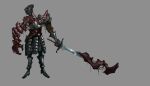 amalgamation ambiguous_gender armor body_horror boss_fight colored_sketch hi_res jowoc_art living_armor melee_weapon monster mutation not_furry simple_background sketch solo sword weapon