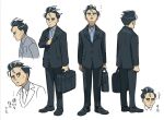  1boy bags_under_eyes black_hair business_suit cheekbones concept_art depressed exhausted facing_away facing_viewer from_side grey_hair hair_slicked_back larry_(pokemon) looking_down looking_up male_focus necktie non-web_source official_art partially_translated pokemon pokemon_sv salaryman serious suit suitcase translation_request 