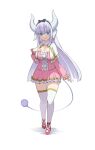  1girl aged_up alternate_breast_size ballet_slippers blue_eyes bow_hairband breasts capelet cleavage commentary_request dragon_girl dragon_horns dragon_tail dress grey_hair hairband highres horns kanna_kamui kobayashi-san_chi_no_maidragon kuro_emimi large_breasts multiple_horns pink_dress sidelocks simple_background solo tail thighhighs white_background white_capelet white_horns white_thighhighs 