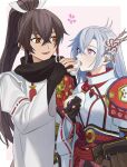  armor black_hair blush commentary crossed_bangs feeding food gloves grey_hair hair_between_eyes hair_ornament hair_ribbon hetero highres holding holding_food japanese_armor japanese_clothes kaguya_(rune_factory) long_hair onigiri open_mouth orange_eyes ponytail purple_eyes ribbon ribbon-trimmed_sleeves ribbon_trim rune_factory rune_factory:_guardians_of_azuma shijima_(4jima) simple_background subaru_(rune_factory) two-tone_background wide_sleeves 