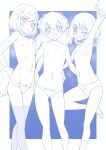  3girls :d animal_print arm_around_waist arm_up armpits ass_visible_through_thighs bangs bear_print blue_theme blush bob_cut bow bow_panties braid breasts commentary crotch_seam delicious_party_precure eyebrows_visible_through_hair front-print_panties fuwa_kokone grin groin hair_bobbles hair_ornament hanamichi_ran hands_on_hips highres holding holding_pom_poms kneehighs leg_up locked_arms looking_at_viewer medium_hair miyagoe_yoshitsuki monochrome multiple_girls nagomi_yui nipples one_eye_closed open_mouth outside_border panda_print panties parted_lips pom_pom_(cheerleading) precure print_panties shoes short_hair side-by-side small_breasts smile socks spot_color standing standing_on_one_leg sweat thighhighs twin_braids underwear 