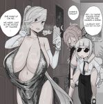  3girls ahoge arms_around_neck blonde_hair breasts butterfly_hair_ornament carrying carrying_person cellphone character_request collared_shirt dress drill_hair drill_ponytail earrings elbow_gloves evening_gown gloves hair_ornament highres holding holding_phone huge_breasts jewelry long_hair magister monochrome multiple_girls necktie original pandora_smith_(magister) phone piggyback sakuraba_himari_(magister) shirt sleeping smartphone sunglasses twin_drills very_long_hair white_gloves white_shirt 