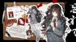  1girl absurdres axe blazer blood blood_on_weapon brown_hair chibi chinese_text collared_shirt expressionless eyepatch grey_jacket highres holding holding_axe holding_knife jacket kitakawayui knife long_hair mask_over_one_eye multiple_views name_tag necktie one_side_up original red_necktie reference_sheet school_uniform shirt side_ponytail skirt weapon white_shirt 