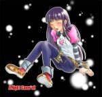  1999 1girl 2000s_(style) bad_id black_background blue_pants blunt_bangs brown_shoes closed_eyes headphones headphones_around_neck long_hair lowres miwasaka_manami open_mouth pants pink_sleeves purple_hair raglan_sleeves red_socks shirt shoes smile socks solo striped_sleeves tachibana_sakuya_(matsurika) white_shirt yoru_ga_kuru! 