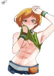  1girl abs alfdavinchi armpits artist_name belt belt_pouch blue_pants breasts brown_eyes brown_hair clothes_lift green_tank_top groin highres medium_breasts muscular muscular_female pants persona persona_4 pouch satonaka_chie shirt_lift short_hair sweat tank_top tomboy toned toned_female underboob wristband 