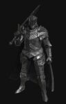  1other ambiguous_gender armor artist_request black_armor black_cape blackgaol_knight breastplate cape commentary_request crossbow elden_ring elden_ring:_shadow_of_the_erdtree full_armor gauntlets gradient_background greatsword grey_background helm helmet holding holding_crossbow holding_sword holding_weapon long_sleeves non-web_source over_shoulder repeating_crossbow signature sword sword_over_shoulder weapon weapon_over_shoulder 