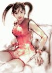  1girl bangle black_hair bracelet brown_eyes couch dress jewelry kawano_takuji ling_xiaoyu looking_at_viewer official_art on_couch pink_dress simple_background sitting smile solo teeth tekken tekken_4 twintails white_background 