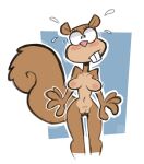 2025 absurd_res anthro astrovert blush bodily_fluids breasts brown_body brown_fur buckteeth female fur genitals hi_res mammal nervous nervous_sweat nickelodeon nipples nude nude_female pink_nipples rodent sandy_cheeks sciurid shocked spongebob_squarepants sweat teeth tree_squirrel vulva