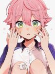  1boy androgynous bandaid bandaid_on_knee bandaid_on_leg c54chu0113 chestnut_mouth collared_shirt cowlick crying crying_with_eyes_open double-parted_bangs ensemble_stars! flipped_hair green_eyes hands_up highres himemiya_tori knees_up looking_ahead male_focus pink_hair polo_shirt purple_sleeves raglan_sleeves shirt short_hair short_sleeves simple_background sitting solo star_(symbol) straight-on tears upper_body wavy_eyes white_background white_shirt wing_collar 