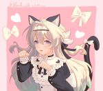  animal_ears apron black_bow black_choker black_ribbon blush bow cat_ears cat_tail choker firefly_(honkai:_star_rail) frilled_apron frills gradient_hair green_pupils grey_hair hair_between_eyes hair_intakes hair_ornament hair_ribbon heart highres honkai:_star_rail honkai_(series) horik_22 maid maid_apron maid_headdress multicolored_eyes multicolored_hair open_mouth ribbon ribbon_choker tail tail_ornament tail_ribbon twitter_username two-tone_eyes 