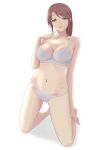  1girl 1mm_(norizo) bra breasts cleavage collarbone half-closed_eyes highres idolmaster idolmaster_cinderella_girls kneeling large_breasts looking_at_viewer mifune_miyu panties red_hair simple_background solo underwear underwear_only white_background white_bra white_panties 