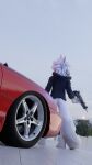 3d_(artwork) anthro digital_media_(artwork) ford ford_mustang ford_mustang_gt fur gun hi_res long_tail male ranged_weapon skulldog_(species) solo submachine_gun tail uzi weapon white_body white_fur z4rk0