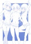  3girls :d animal_print arm_around_waist arm_up armpits ass_visible_through_thighs bangs bear_print blue_theme blush bob_cut bow bow_panties braid breasts commentary crotch_seam delicious_party_precure eyebrows_visible_through_hair front-print_panties fuwa_kokone grin groin hair_bobbles hair_ornament hanamichi_ran hands_on_hips highres holding holding_pom_poms kneehighs leg_up locked_arms looking_at_viewer medium_hair microskirt miyagoe_yoshitsuki monochrome multiple_girls nagomi_yui nipples one_eye_closed open_mouth outside_border panda_print panties parted_lips pleated_skirt pom_pom_(cheerleading) precure print_panties shoes short_hair side-by-side skirt small_breasts smile socks spot_color standing standing_on_one_leg sweat thighhighs twin_braids underwear 