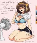  1girl annoyed barefoot black_shorts blue_bra bra breasts brown_hair cleavage clothes_lift color_guide dolphin_shorts electric_fan english_text feet hair_ribbon hairband hand_on_ground lace-trimmed_bra lace_trim lifting_own_clothes looking_at_viewer medium_breasts navel nevtelen open_mouth pink_background ribbon seiza shirt shirt_lift short_hair short_shorts shorts simple_background sitting solo suzumiya_haruhi suzumiya_haruhi_no_yuuutsu sweat teeth tongue underwear upper_teeth_only white_shirt yellow_eyes yellow_hairband yellow_ribbon 