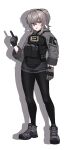  1girl absurdres ammunition_pouch black_pantyhose black_scrunchie black_sweater boots breasts bt_(user_udwc7853) buckle bulletproof_vest english_commentary fang full_body gloves grey_boots grey_gloves grey_hair grey_jacket grey_shorts high_ponytail highres hood hood_down hooded_jacket jacket load_bearing_vest long_sleeves magazine_(weapon) medium_breasts medium_hair mole mole_under_eye open_mouth original pantyhose pointing pointing_up ponytail pouch purple_eyes scar scar_on_face scrunchie short_shorts shorts simple_background snap-fit_buckle sweat sweater tactical_clothes white_background 
