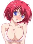  1girl :o areola_slip areolae bangs bikini blue_eyes blush breasts cleavage commentary_request eyebrows_visible_through_hair halterneck head_tilt highres hinomoto_hikari kikuchi_tsutomu large_breasts looking_at_viewer mole mole_under_eye open_mouth pink_bikini red_hair short_hair simple_background solo sweat swimsuit tokimeki_memorial tokimeki_memorial_2 upper_body white_background 