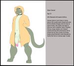 anthro choker clothing coat english_text flat_colors genitals green_body hand_behind_back hi_res information_box jewelry lizard long_penis looking_down male necklace nude penis photolol.03 raincoat reptile samuel(photolol.03) scalie simple_background solo text topwear yellow_eyes